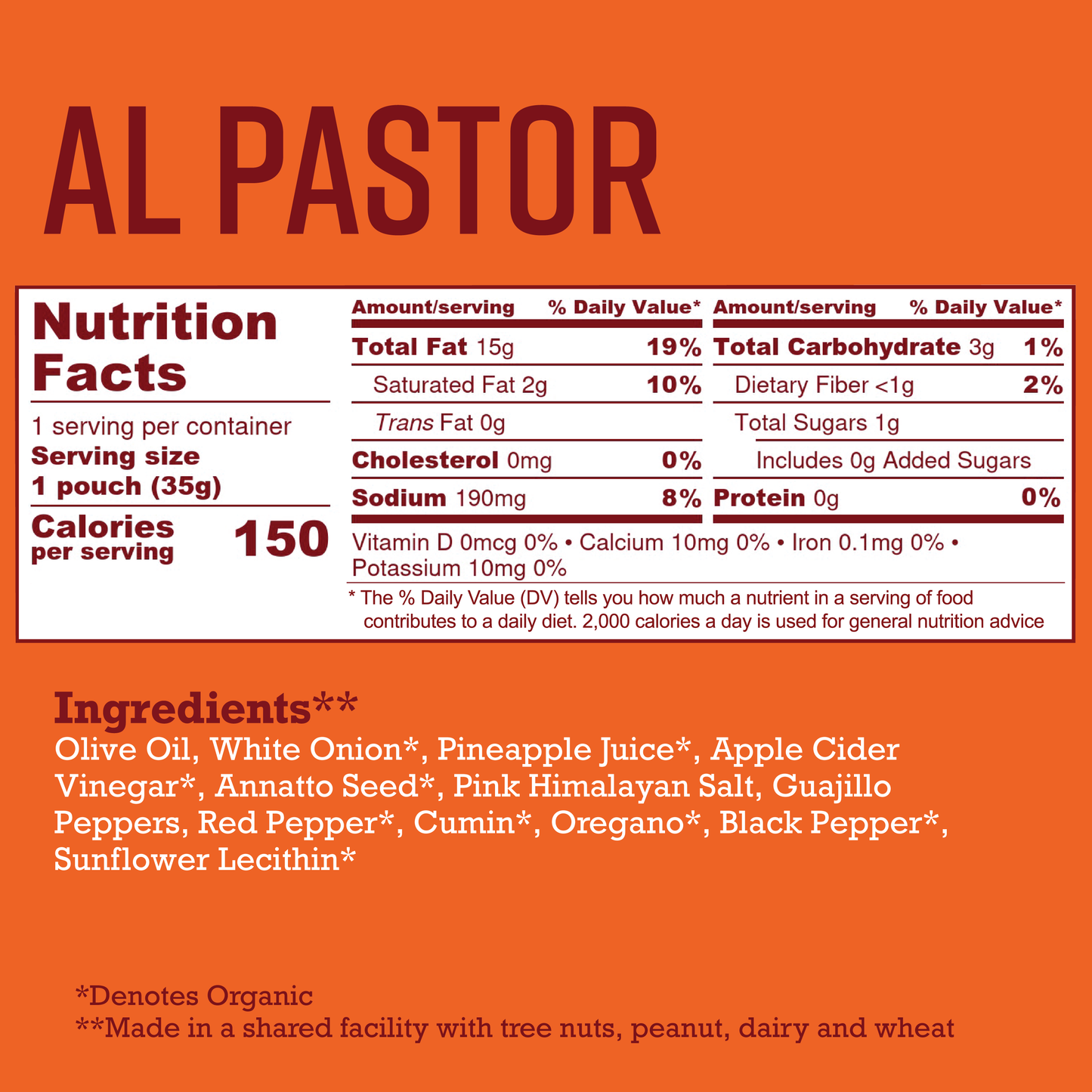 Al Pastor Nutrition and Ingredient panel for single-serve Howl at the Spoon sauces