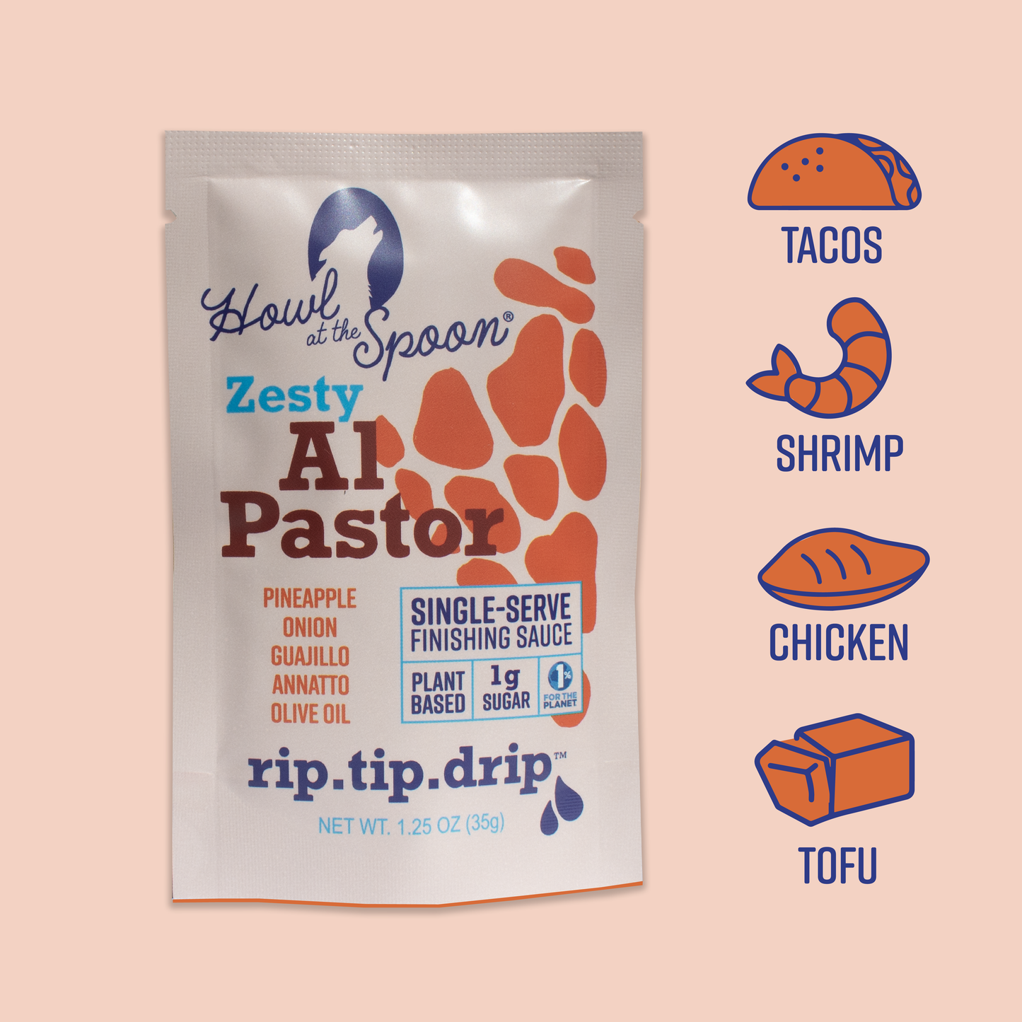 Al Pastor single-serve vegan sauce from Howl at the Spoon with suggested uses for tacos, shrimp, chicken, tofu