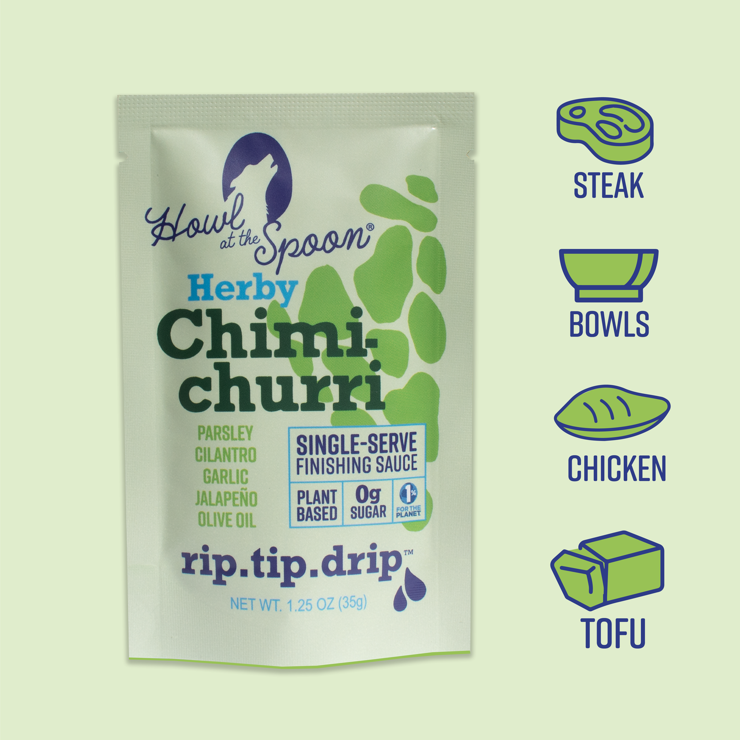 Chimichurri single-serve vegan sauce from Howl at the Spoon with suggested uses for steak, bowls, chicken, tofu