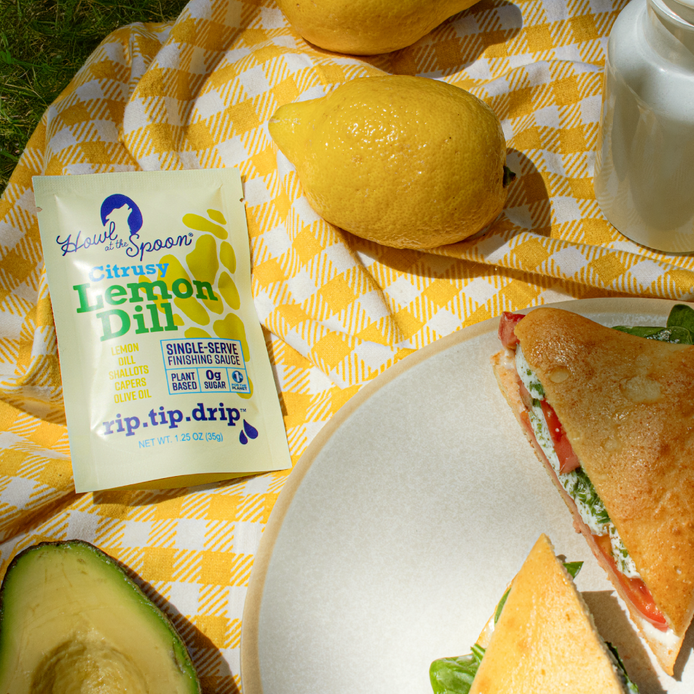 Flat lay of Lemon Dill – Plant-Based Sauces in Single-Serve packet great for picnic, meal prep and meals-on-the-go