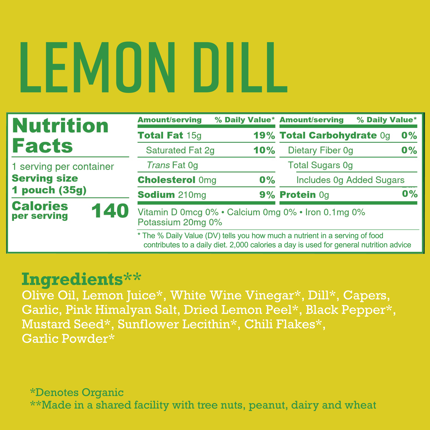 Lemon Dill Nutrition and Ingredient panel for single-serve Howl at the Spoon sauces