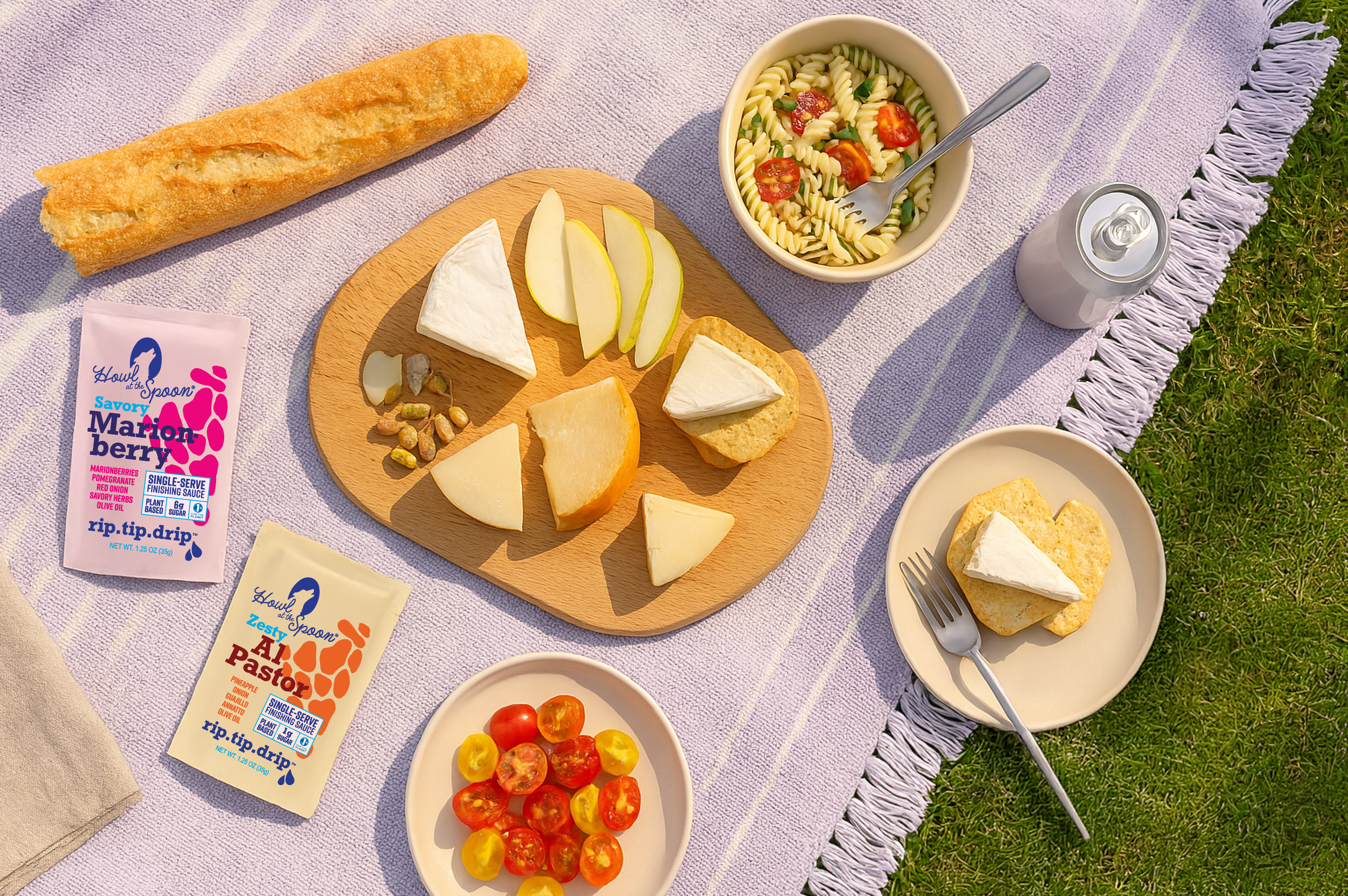 Spring picnic featuring Howl at the Spoon Plant Based Vegan single serve sauces for meals-on-the-go