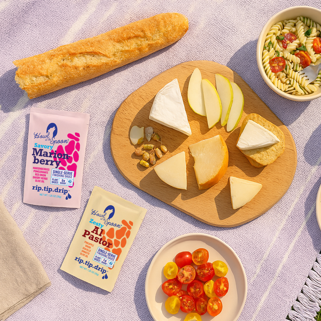 Giftable sauce packets from Howl at the Spoon shown with a fall-inspired charcuterie board, baguette, and fresh fruit—perfect for food lovers.