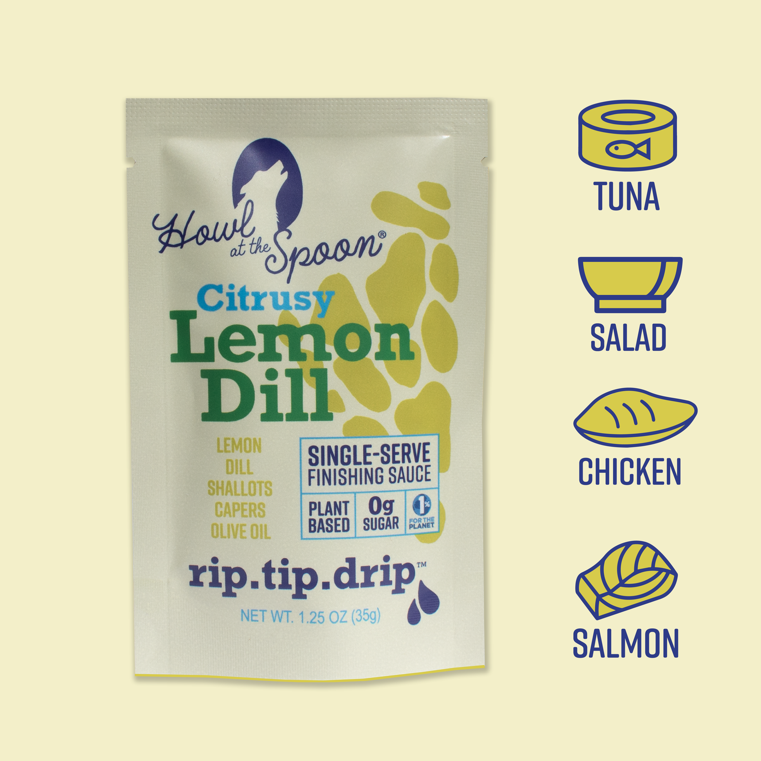 Lemon Dill sauce packet from Howl at the Spoon shown with icons suggesting pairings like tuna, salad, chicken, and salmon.
